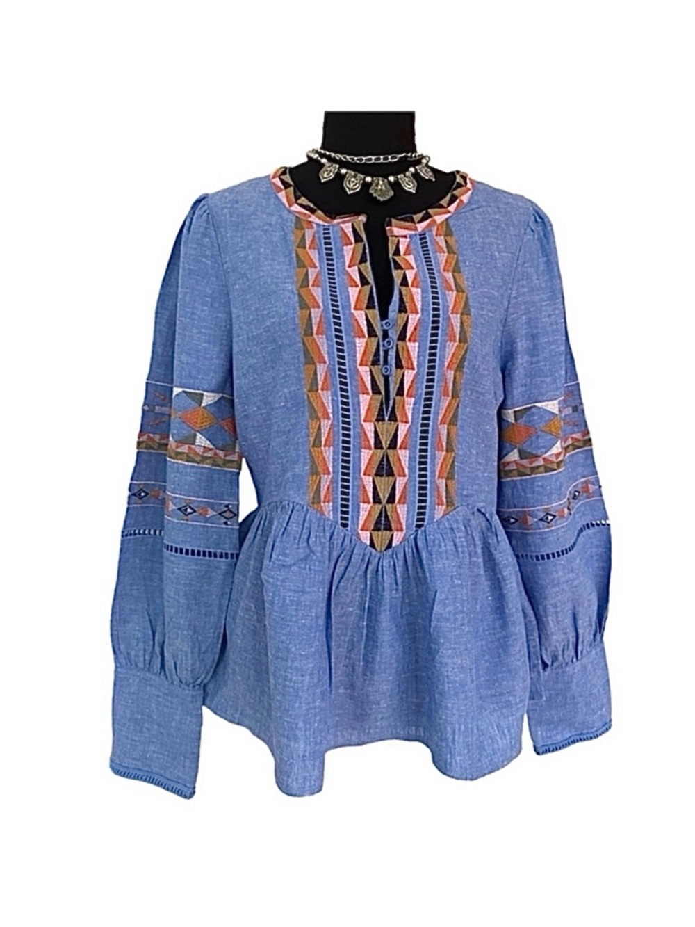 A LOVES A ~ Denim Inspired Blue BoHo Embroidered Top w/Drop Waist size M